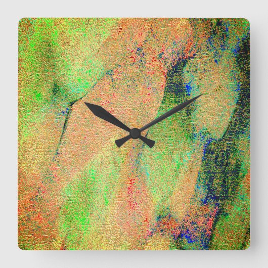 革スタイルしわと緑のオレンジ擦り切れた絵を描色 スクエア壁時計 (正面)