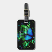 革バンドが付いている青い蝶荷物のラベル ラゲッジタグ (正面縦)
