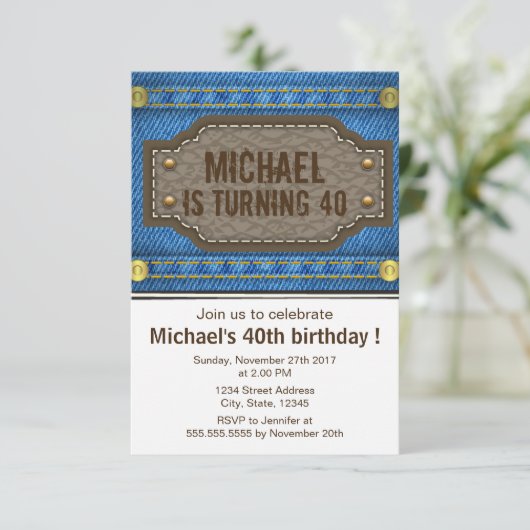 革ラベルの誕生会が付いている青いデニムのジーンズ 招待状 (スタンド正面)