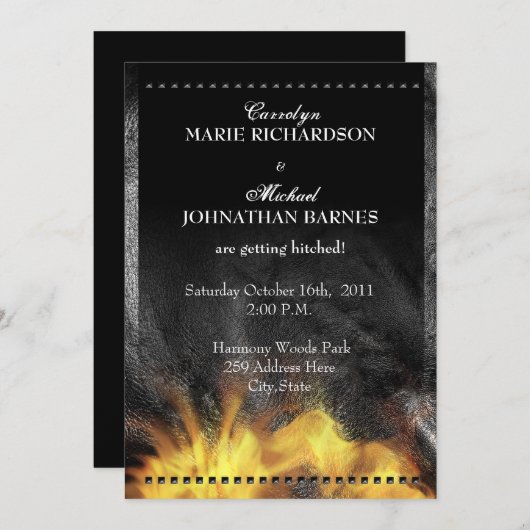 革及び炎のバイクもしくは自転車に乗る人の結婚式招待状 招待状 (正面/裏面)