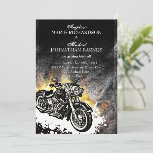 革及び炎の型破りのバイクもしくは自転車に乗る人の結婚式招待状 招待状 (スタンド正面)