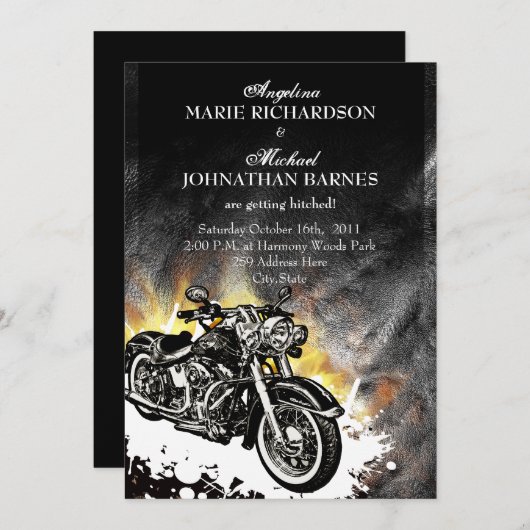 革及び炎の型破りのバイクもしくは自転車に乗る人の結婚式招待状 招待状 (正面/裏面)
