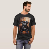 革張りのソファでくつろぐ黒いパグ Tシャツ (正面フル)