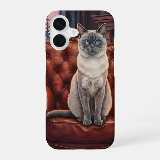 革張りの椅子に座るブルーポイントのシャム猫 iPhone 16ケース (裏面)