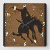 革西部の野生の西の素朴な国のカウボーイ スクエア壁時計 (正面)