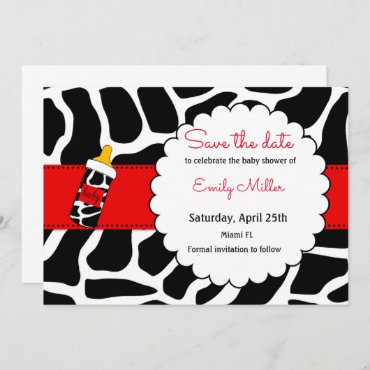 革靴のベビーシャワーの保存日付の黒の赤 セーブザデート (正面/裏面)