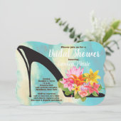 靴のかかとの花のティール(緑がかった色)の水彩画のブライダルシャワー 招待状 (スタンド正面)