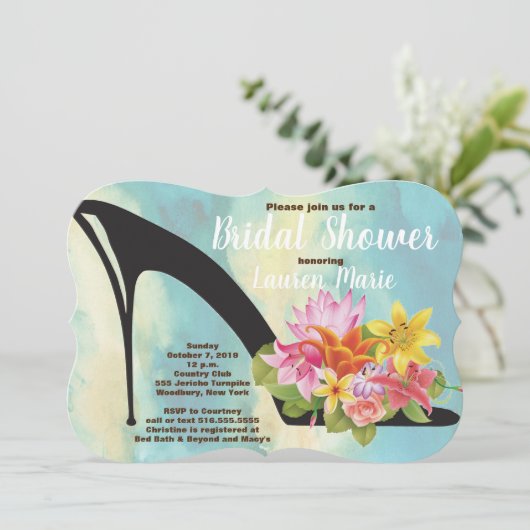 靴のかかとの花のティール（緑がかった色）の水彩画のブライダルシャワー 招待状 (スタンド正面)