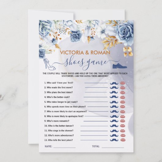 靴のゲーム エレガントな青い花のウェディングシャワーのカード 招待状 (正面)