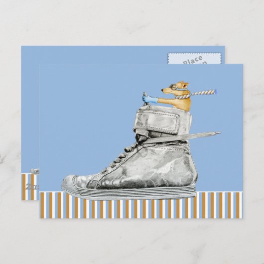 靴はがきを動かすストライプの犬 ポストカード (正面/裏面)