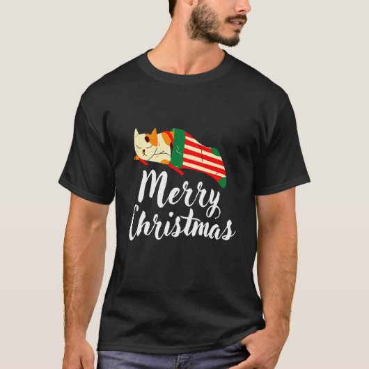 靴下で眠るクリスマスの猫 プレゼント メンズ Tシャツ (正面)