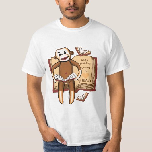 靴下のサルが本を読む Tシャツ (正面)