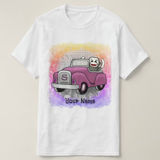 靴下のサルが車を運転しているTシャツ Tシャツ (デザイン正面)