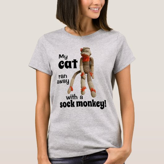 靴下のサルと一緒に逃げた猫が可愛い!おもしろTシャツ Tシャツ (正面)