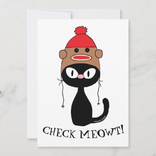 靴下のサル帽子をかぶった黒猫フラットカード Check Meowt (正面)