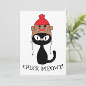靴下のサル帽子をかぶった黒猫フラットカード Check Meowt (スタンド正面)