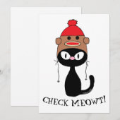 靴下のサル帽子をかぶった黒猫フラットカード Check Meowt (正面/裏面)