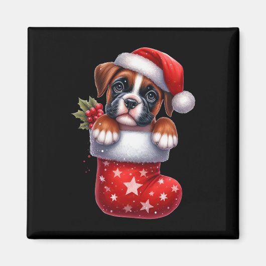 靴下のボクサーのクリスマスサンタハットクリスマスドッグ愛好家1 マグネット (正面)