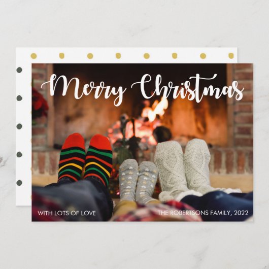 靴下を持つ家族メリークリスマスフォトカード シーズンカード (正面/裏面)
