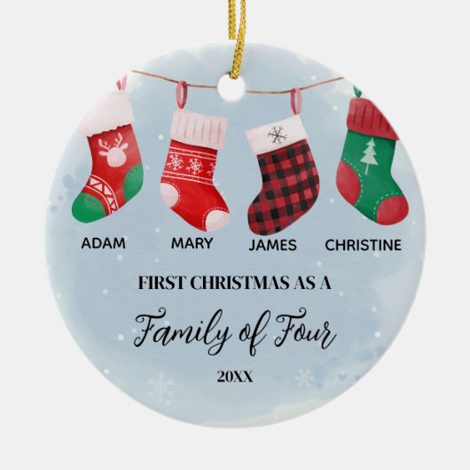 靴下オーナメントクリスマスを家族の4人として セラミックオーナメント (正面)