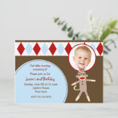 靴下モンキーの写真バースデーパーティ招待状 招待状 (スタンド正面)