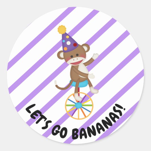 靴下モンキージャグリングボールピンクストライプステッカー ラウンドシール (正面)