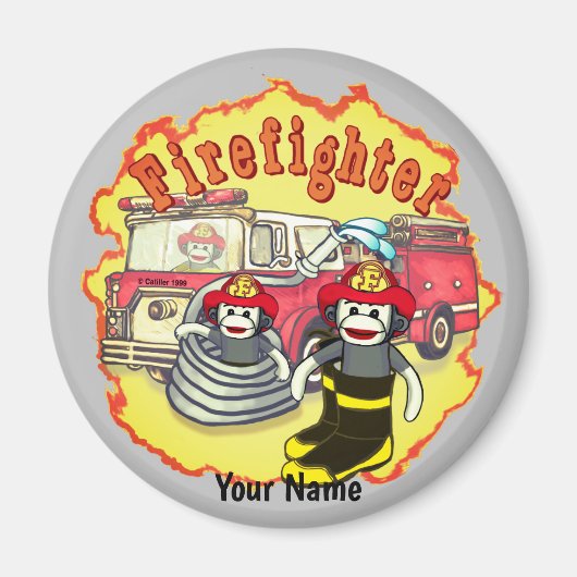 靴下モンキー消防車の消防士 マグネット (正面)