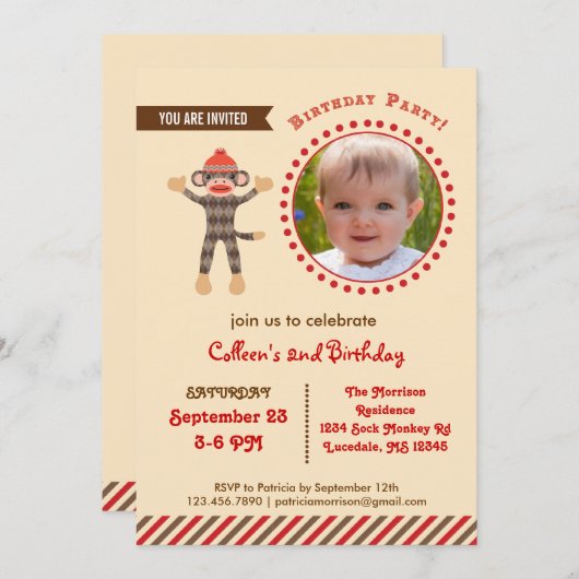 靴下モンキー誕生日写真招待状 招待状 (正面/裏面)