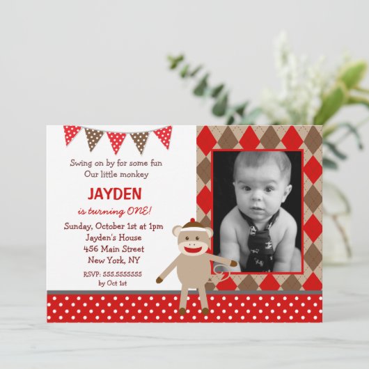 靴下モンキー誕生日招待状 招待状 (スタンド正面)