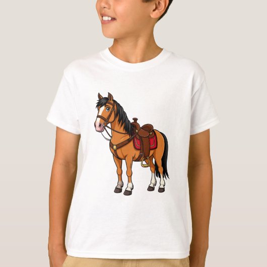 鞍と手綱をつけたキャラクターホース Tシャツ (正面)