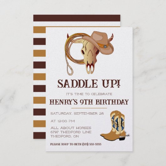 鞍を上げろ!もう時間だ祝!カウボーイ誕生日 招待状 (正面/裏面)
