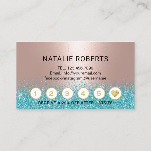 鞭のメーキャップアーティストのティール（緑がかった色）のばら色の金ゴールドのサロンのロイヤリティ ロイヤリティカード (裏面)