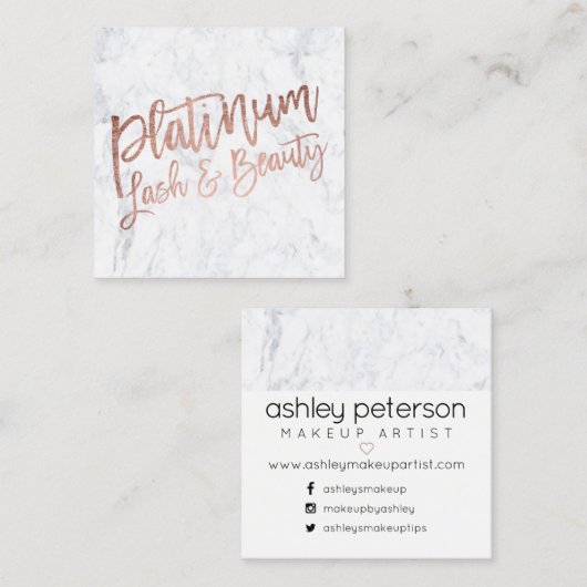 鞭の美しいのタイポグラフィのばら色の金ゴールドの白の大理石 スクエア名刺 (正面/裏面)