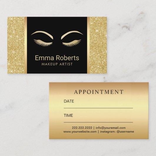 鞭及び額のメーキャップアーティストの金ゴールドのグリッターのアポイントメント 予約カード (正面/裏面)