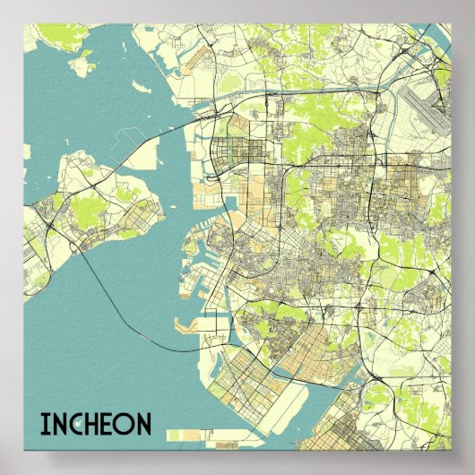 韓国の仁川地図 ポスター (正面)