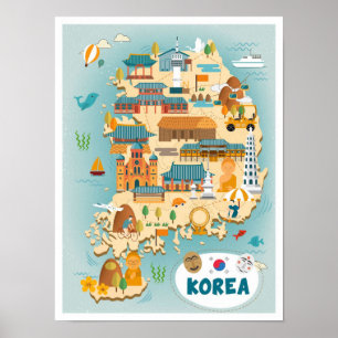 韓国の地図アートヴィンテージトラベルイラストレーション ポスター