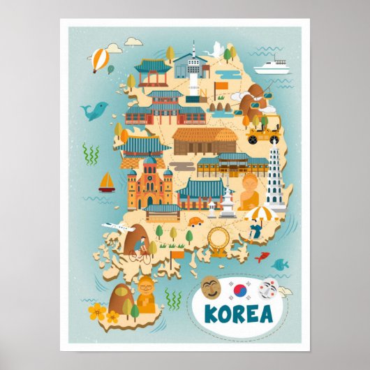 韓国の地図アートヴィンテージトラベルイラストレーション ポスター (正面)