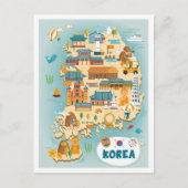 韓国の地図アートヴィンテージトラベルイラストレーション ポストカード (正面)