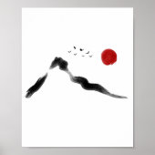 韓国の墨で描いた山の風景と赤い太陽のポスター ポスター (正面)