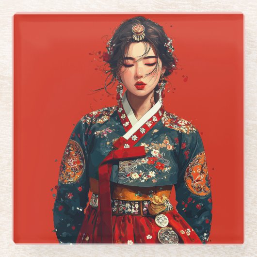 韓国の現代女性のハンbok肖像画  ガラスコースター (正面)