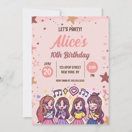 韓国ポップ・アートの音楽スターK-ポップ・アートのテーマ誕生日パーティー 招待状 (正面)