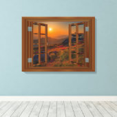 韓国仏教寺院窓フェイク日没の眺め キャンバスプリント (インサイチュ (ウッドフロア))