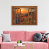韓国仏教寺院窓フェイク日没の眺め キャンバスプリント (インサイチュ (リビング))
