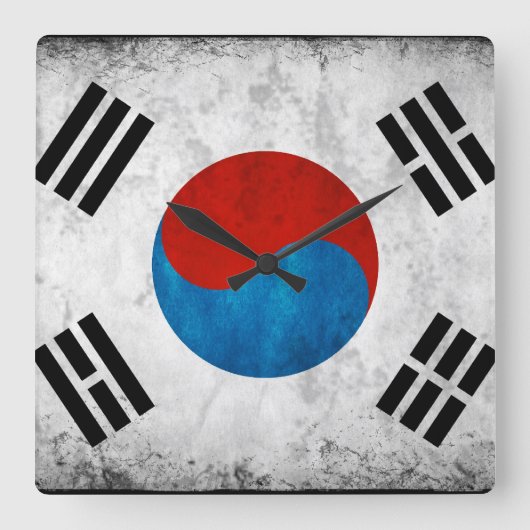 韓国国旗のヴィンテージ スクエア壁時計 (正面)
