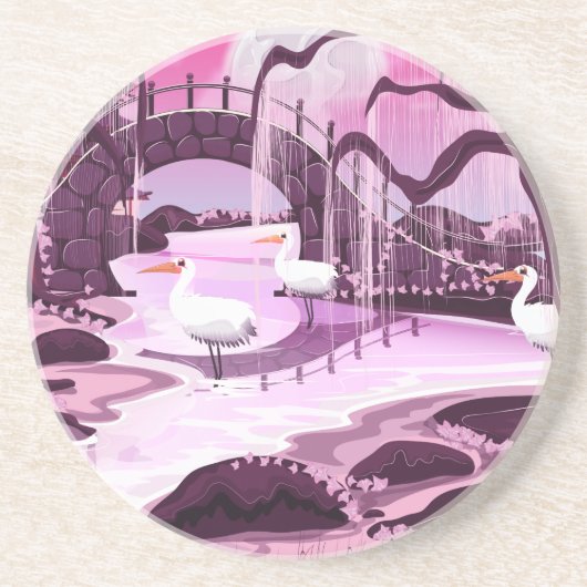 韓国庭園で鶴の鳥 コースター (正面)