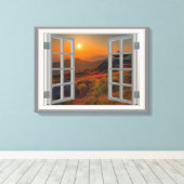 韓国秋の日没の寺のフェイク窓ビュー キャンバスプリント (インサイチュ (ウッドフロア))