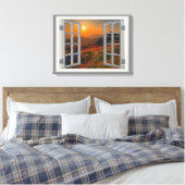 韓国秋の日没の寺のフェイク窓ビュー キャンバスプリント (インサイチュ (寝室))