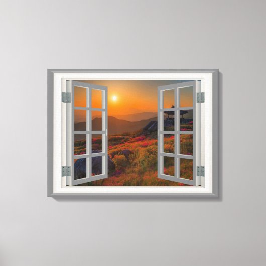 韓国秋の日没の寺のフェイク窓ビュー キャンバスプリント (正面)