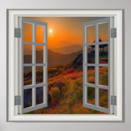 韓国秋日没の仏教寺院のフェイク窓 ポスター