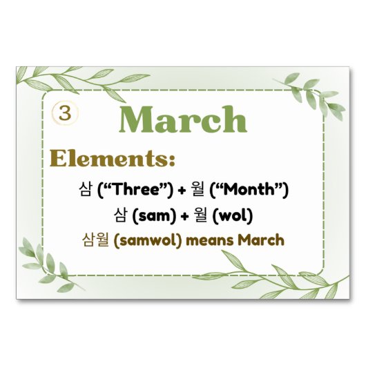 韓国語ハングル（フラッシュカード）の月数 テーブルナンバー (正面)
